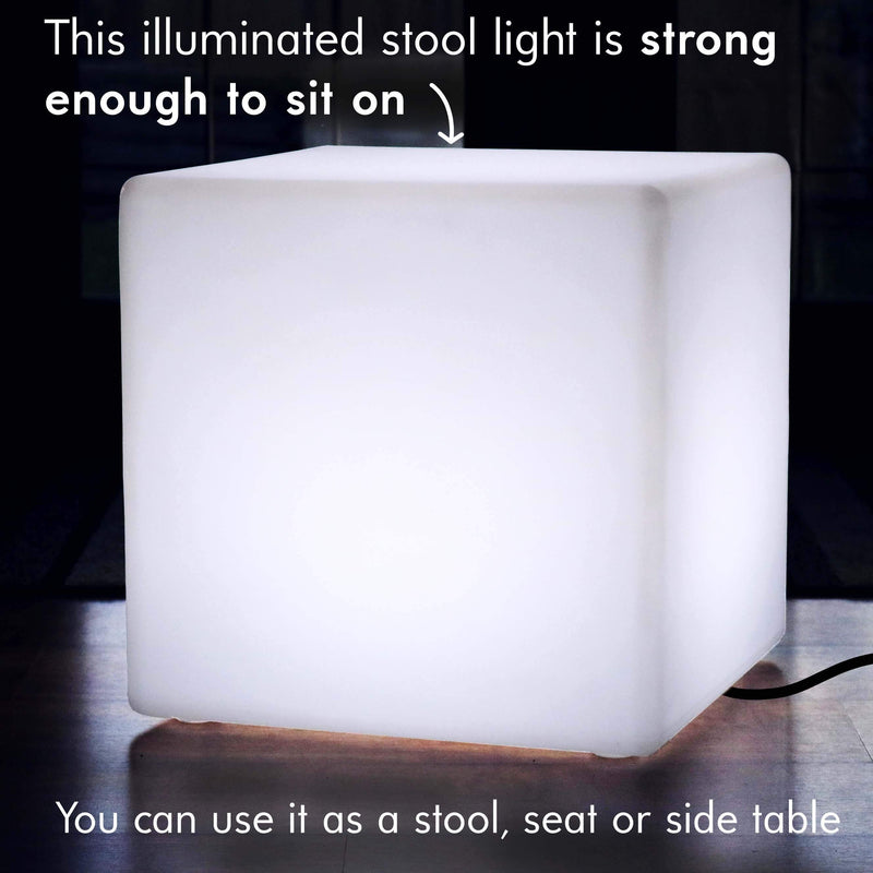 60 cm Grand Cube Tabouret Siège Meuble LED, Lampadaire Salon sur Pied E27 Blanc
