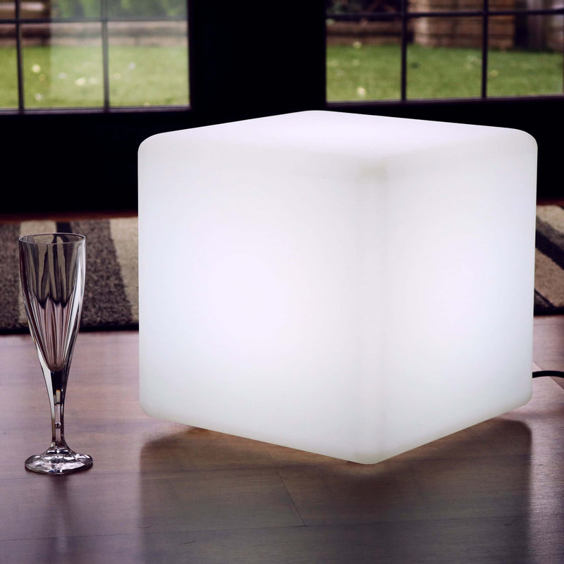 Lampe Table LED sur Secteur, Cube 30cm, Ampoule Blanche E27 Installée