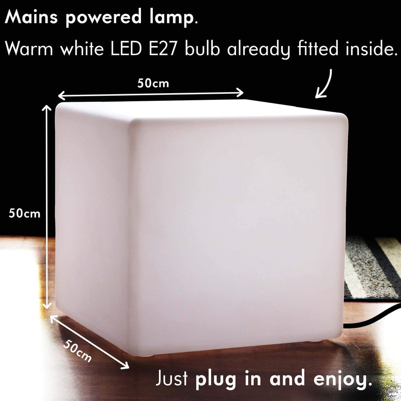 Grand Tabouret LED 50 cm, Siège Dé Cube, Lampadaire E27 sur Réseau, Blanc Chaud