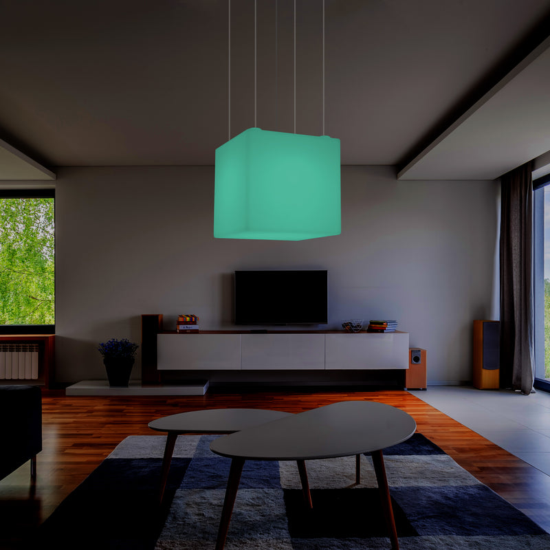Lampe pendante en forme de cube éclairage LED géométrique au plafond 60 cm E27 RGB avec télécommande