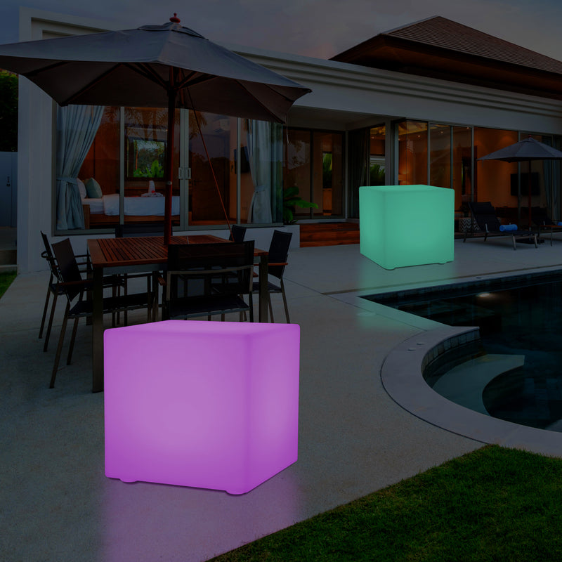 Cube de 60 cm alimenté par le secteur, tabouret éclairé, siège, table et mobilier de jardin, RGB
