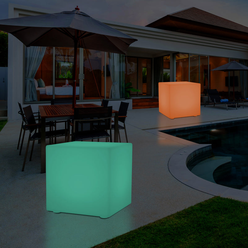 Cube de 60 cm alimenté par le secteur, tabouret éclairé, siège, table et mobilier de jardin, RGB