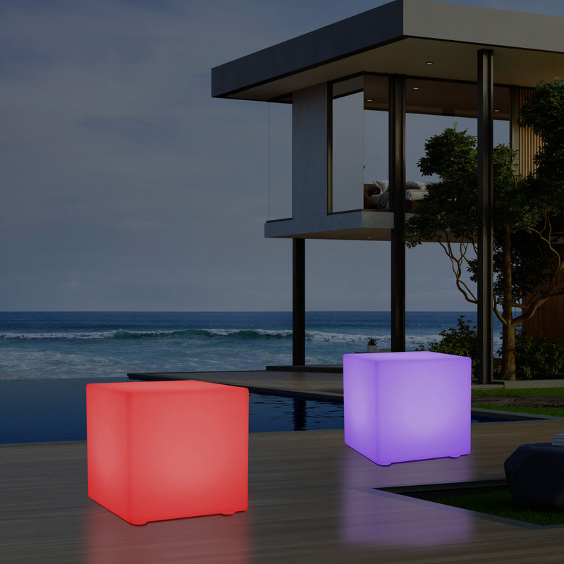 Cube de 60 cm alimenté par le secteur, tabouret éclairé, siège, table et mobilier de jardin, RGB