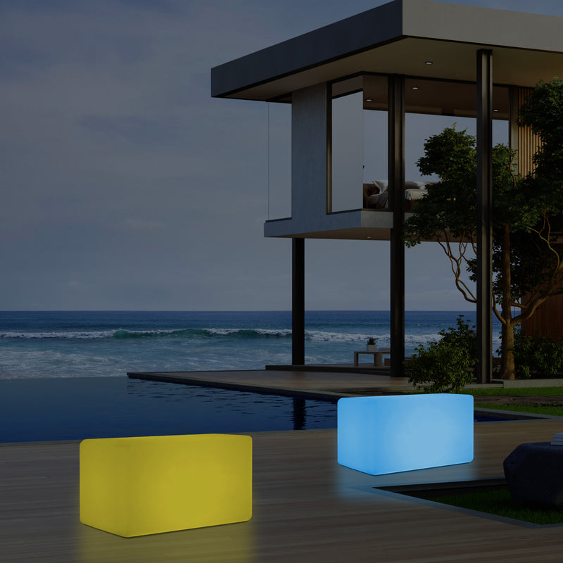 Banquette de jardin pour l’extérieur, tabouret éclairé par LED, alimenté par le secteur, 55 x 35 cm