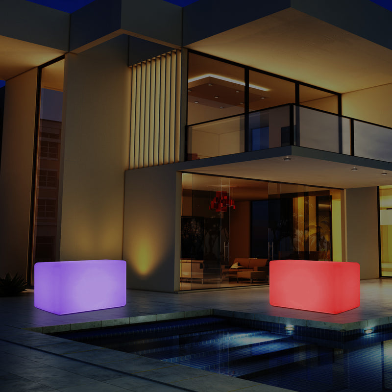 Banquette de jardin pour l’extérieur, tabouret éclairé par LED, alimenté par le secteur, 55 x 35 cm