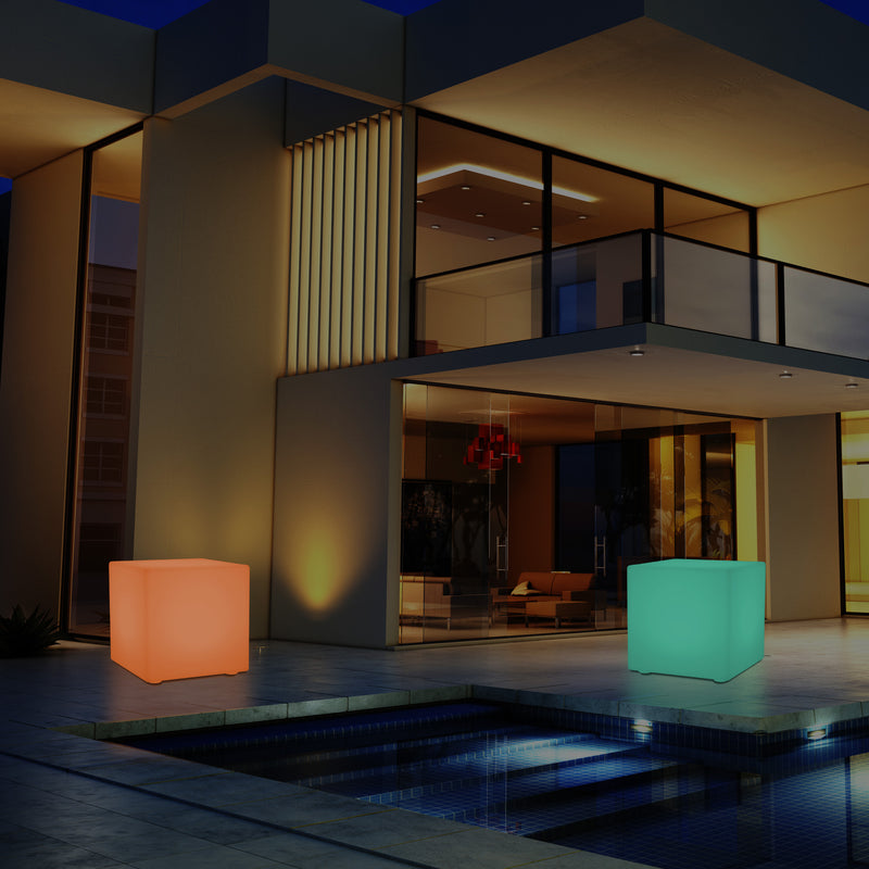 Siège tabouret chaise Cube LED pour l'extérieur Lampe de jardin sur secteur, multicolore 400 x 400mm