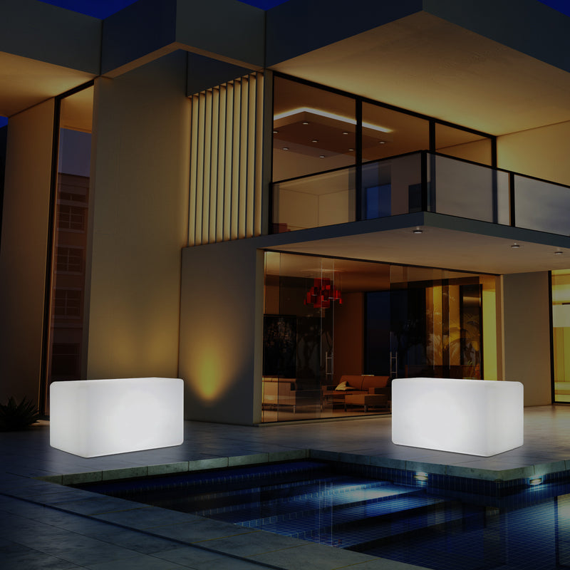 Banquette de jardin pour l’extérieur, tabouret éclairé par LED, alimenté par le secteur, 55 x 35 cm