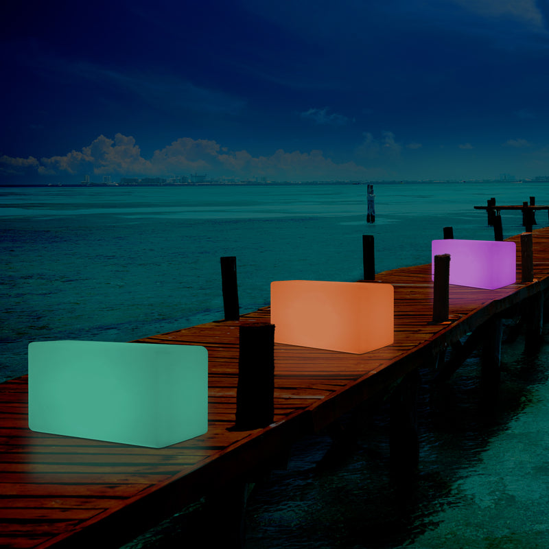 Banquette de jardin pour l’extérieur, tabouret éclairé par LED, alimenté par le secteur, 55 x 35 cm