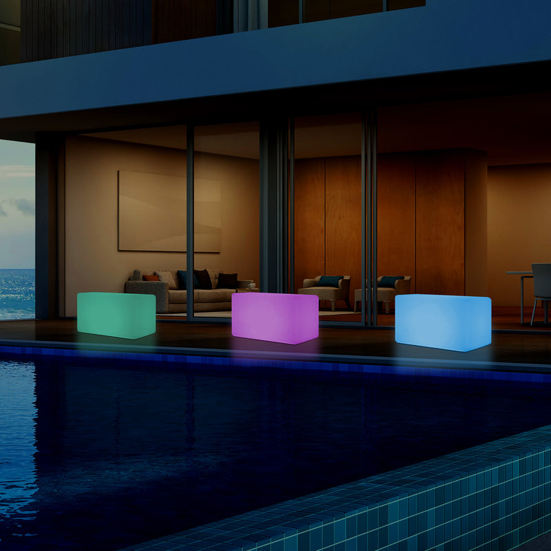 Banquette de jardin pour l’extérieur, tabouret éclairé par LED, alimenté par le secteur, 55 x 35 cm