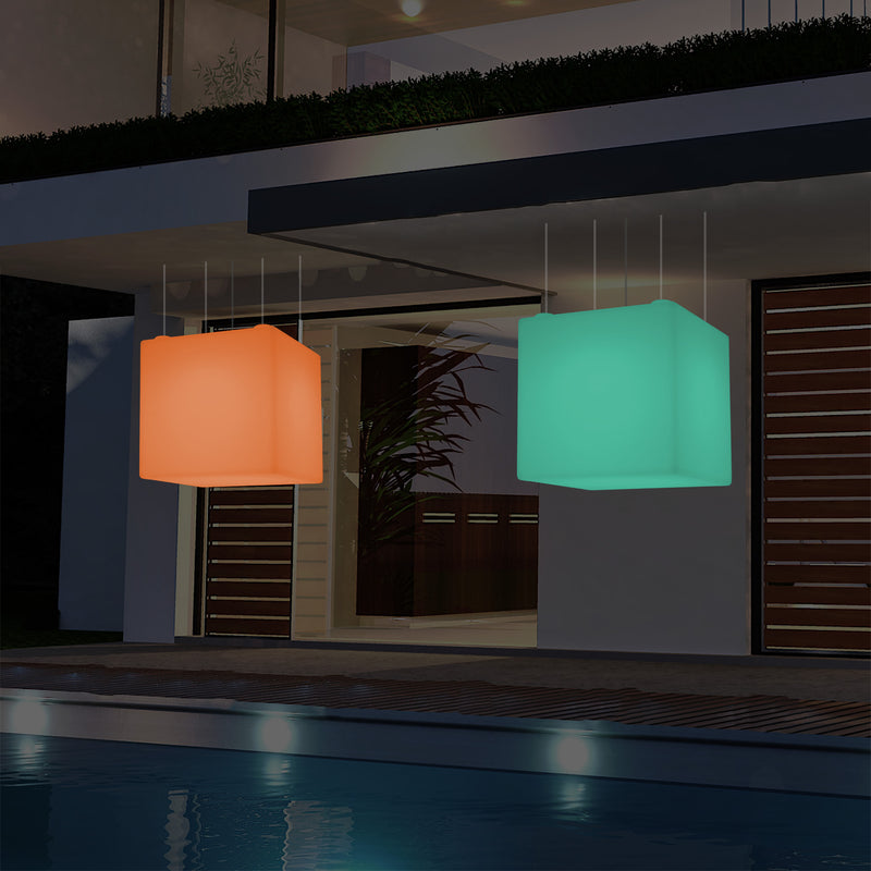 Suspension jardin extérieur Plafonnier à LED alimenté par le réseau Cube de 60 cm couleur changeante