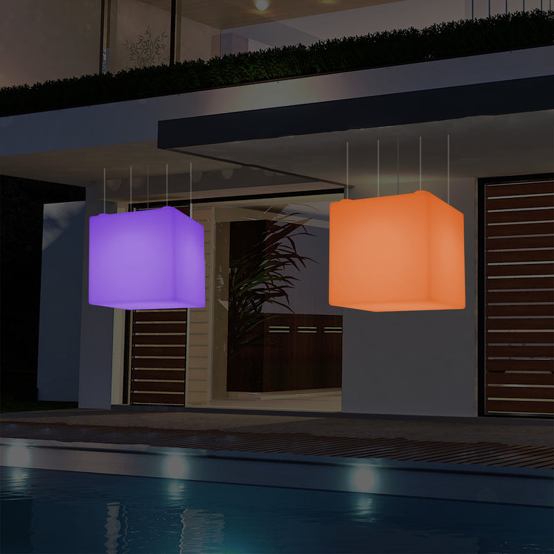 Suspension jardin extérieur Plafonnier à LED alimenté par le réseau Cube de 60 cm couleur changeante