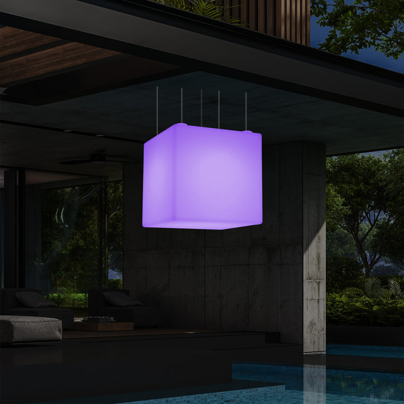 Suspension jardin extérieur Plafonnier à LED alimenté par le réseau Cube de 60 cm couleur changeante