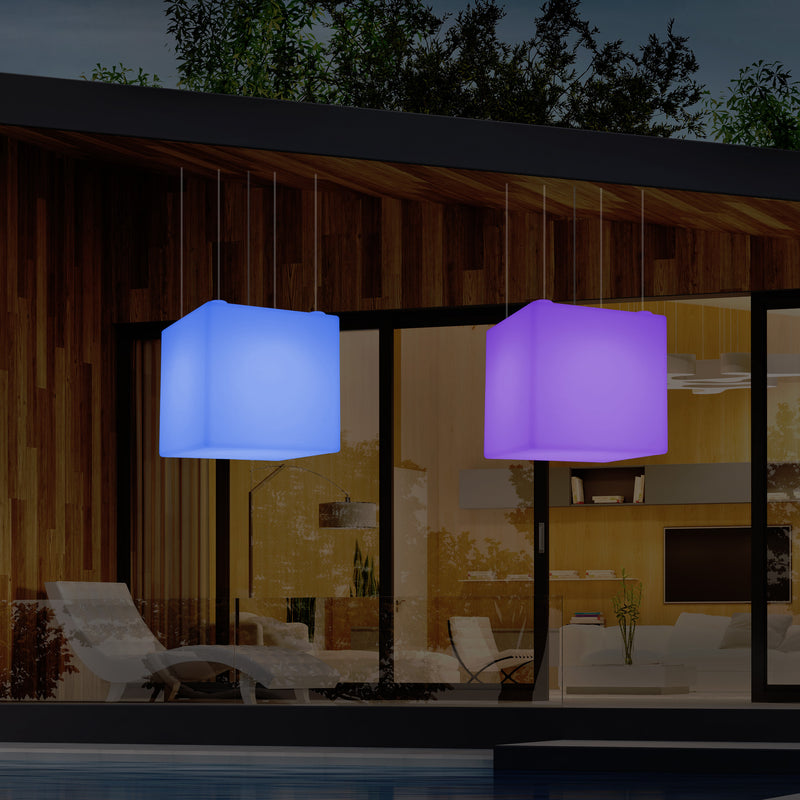 Suspension jardin extérieur Plafonnier à LED alimenté par le réseau Cube de 60 cm couleur changeante