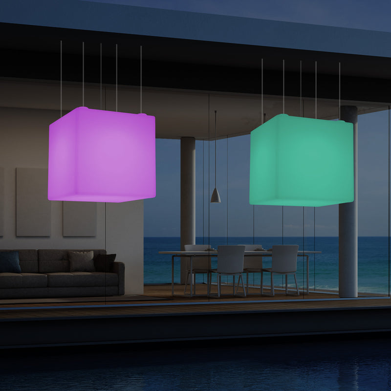 Suspension jardin extérieur Plafonnier à LED alimenté par le réseau Cube de 60 cm couleur changeante