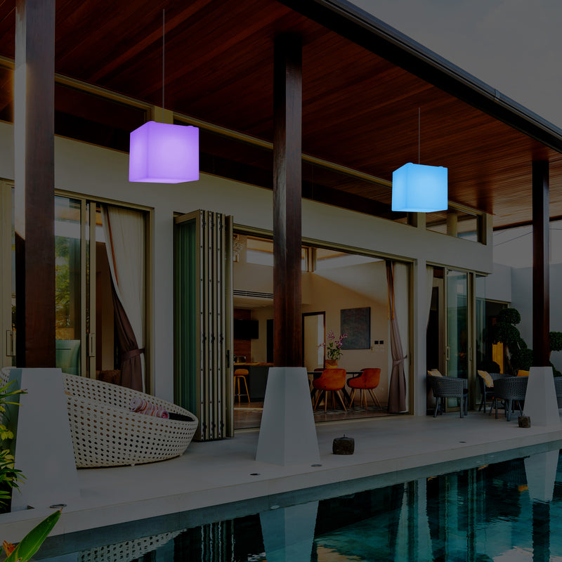 Plafonnier terrasse jardin sur secteur Lampe pendante Cube LED 20 cm avec changement de couleur RGB