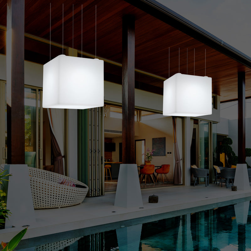 Suspension jardin extérieur Plafonnier à LED alimenté par le réseau Cube de 60 cm couleur changeante