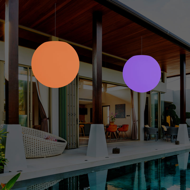Plafonnier jardin extérieur fonctionnant sur secteur, lampe pendante sphère LED 50 cm, multicolore